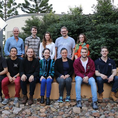 Some of the successful ilab UQ's Germinate 10 start-ups with ilab UQ Director Bernie Woodcroft (standing left) 